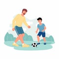 Smiling happy father and son having fun together playing football with soccer ball Royalty Free Stock Photo