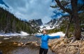 Woman enjoying beautiful scenery on hiking trip. Royalty Free Stock Photo
