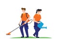 Smiling and Happy Home Cleaners or Housekeepers Vacuuming Floor and Watering Plants