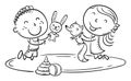 Smiling happy little children playing with toys on the carpet. Outline cartoon vector illustration clipart