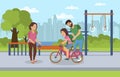 Smiling Happy Mom and Dad Teaching Girl to Ride. Royalty Free Stock Photo