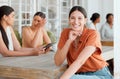 Smiling, happy and motivated female entrepreneur attending a meeting with a positive mindset in creative office Royalty Free Stock Photo