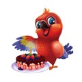 Smiling, Happy Parakeet Parrot Presenting Party Cake to Friend - Kids Happy Birthday from Hand-Drawn Animated Cartoon Character
