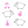 Smiling happy pig and fruits vector illustration