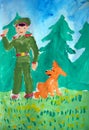 Military man and his dog - gouache painting made by child