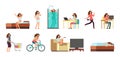 Smiling happy woman in everyday life. Active girl normal daily routine vector cartoon lifestyle characters set