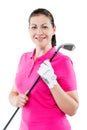 Smiling happy woman golfer posing on a white background Royalty Free Stock Photo