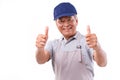Smiling happy worker giving two thumbs up hand gesture