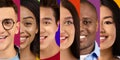 Smiling happy young multiethnic men and women on colorful backgrounds, close up Royalty Free Stock Photo