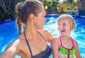 Smiling healthy mother and child in swimming pool taking selfie Royalty Free Stock Photo