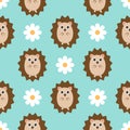 Smiling hedgehog and daisy flower. Seamless pattern.