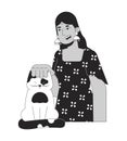 Smiling hindu woman stroking cat black and white 2D line cartoon character