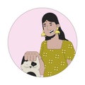 Smiling hindu woman stroking cat 2D line vector avatar illustration