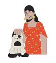 Smiling hindu woman stroking cat 2D linear cartoon character