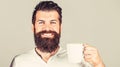 Smiling hipster man with cup of fresh coffee, Happy man showing ok sign. Morning concept Royalty Free Stock Photo