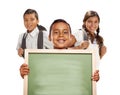 Smiling Hispanic Boys and Girl on White Holding Blank Chalk Board