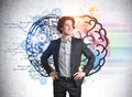 Smiling Hispanic businessman holds hands on waist pose wearing suit and pondering nearby concrete wall with colorful brain sketch Royalty Free Stock Photo