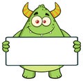 Smiling Horned Green Monster Cartoon Character Holding A Blank Sign