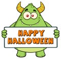 Smiling Horned Green Monster Cartoon Character Holding Happy Halloween Sign