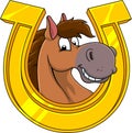 Smiling Horse Head Cartoon Mascot Character In A Golden Horseshoe Royalty Free Stock Photo