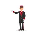 Smiling hotel doorman in uniform coat, cap and gloves. Employee of hotel service. Colorful flat vector illustration Royalty Free Stock Photo