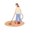 Smiling housewife cleaning carpet with vacuum cleaner vector flat illustration. Happy young woman doing housework Royalty Free Stock Photo