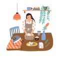 Smiling housewife cooking at cozy kitchen vector flat illustration. Happy domestic woman in apron mixing ingredients