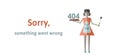Smiling housewife with 404 digits on a plate. Sorry something went wrong. Oops 404 error page, vector template for
