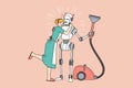 Smiling housewife hug robotic assistant cleaning home