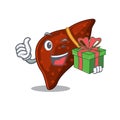 Smiling human cirrhosis liver cartoon character having a green gift box