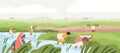 Smiling Indian farmers working in paddy field vector flat illustration. Man and woman in traditional clothes picking