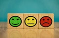 smiling, indifferent and sad emoticons on a blue background. satisfaction concept Royalty Free Stock Photo