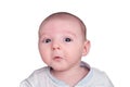 Smiling infant baby boy, isolated on a white background. Happy child. K Royalty Free Stock Photo