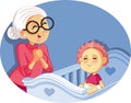 Happy Grandmother Babysitting Cute Baby Vector Cartoon