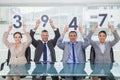 Smiling interview panel holding signs giving grade to their applicant