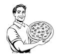 Smiling italian chef holding plate with pizza hand drawn sketch in doodle style