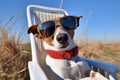 Smiling Jack Russell Relaxing with Sunglasses on Lounge Chair. Generative AI Royalty Free Stock Photo