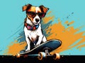 Smiling Jack russell terrier dog sitting on a skateboard as skater wearing sunglasses. Cool dog on skateboard in sunglasses over Royalty Free Stock Photo