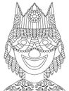 Smiling joker with venetian mask and crown coloring page for kids and adults vector