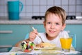 Smiling joyful boy sitting at the dinner table and looking at th Royalty Free Stock Photo