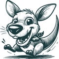Smiling kangaroo jumping forward black and white detailed drawing Royalty Free Stock Photo
