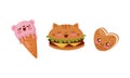 Smiling Kawaii Hamburger and Ice Cream with Face Vector Set