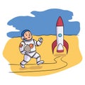 Smiling kid astronaut running to rocket shuttle