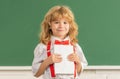 smiling kid boy in bow tie in school classrrom with book, back to school Royalty Free Stock Photo