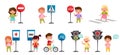 Smiling Kid Characters Learning Road Signs and Traffic Rules Vector Illustration Set