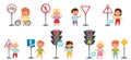 Smiling Kid Characters Learning Road Signs and Traffic Rules Vector Illustration Set Royalty Free Stock Photo