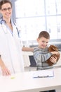 Smiling kid with pet rabbit at veterinary Royalty Free Stock Photo