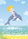 Happy little boy riding a merry playful dolphin Royalty Free Stock Photo