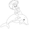 Happy little boy riding a merry playful dolphin