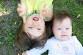 Smiling kids lying on grass in summer. Children: Toddler and baby portrait having fun. Little sisters. Happy childhood